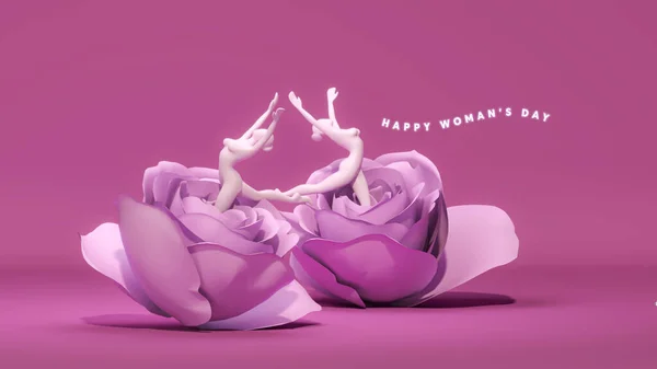 国際女性デー 3月8日 紫色の背景にバラの花を持つバレエの女の子 女性性 幸せな母の日 3Dレンダリング — ストック写真