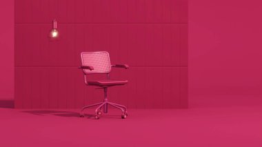 Lambalı, sandalyeli, kitaplı, mor renkli stüdyoda yaratıcı iç tasarım. Yıl 2023, kırmızı oda 3D renginde.