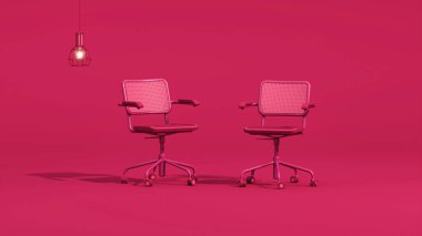 Lambalı, sandalyeli, kitaplı, mor renkli stüdyoda yaratıcı iç tasarım. Yıl 2023, kırmızı oda 3D renginde.