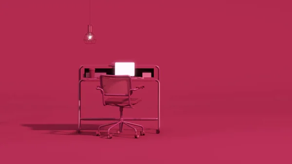 Viva Magentaは2023年のワークスペースのトレンドカラーであり 最小限のオフィステーブルデスクです 勉強机 女性のための最小限のアイデアの概念 モックアップテンプレート 3Dレンダリング — ストック写真