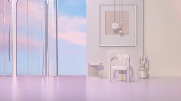 파노라마 의자와 파스텔 무늬의 환상적 풍경입니다 프레임 현장에 기하학적 형태가 — 스톡 사진