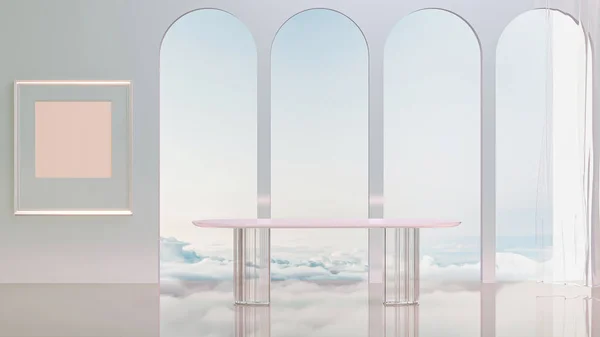 摘要全景背景 美妙的风景与玻璃墙餐桌晚餐和彩色渐变的天空 具有几何拱形的墙和框架安装场景 3D渲染 — 图库照片