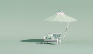 Sandalyeli plaj şemsiyesi ve plaj aksesuarları, pastel yeşil arka planda şişme flamingo. Yaz tatili konsepti. Sosyal medya afişleri için 3D moda, promosyon. yaz atmosferi