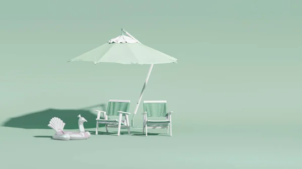 Ομπρέλα Παραλίας Καρέκλες Και Αξεσουάρ Παραλίας Φουσκωτό Φλαμίνγκο Παστέλ Πράσινο — Φωτογραφία Αρχείου