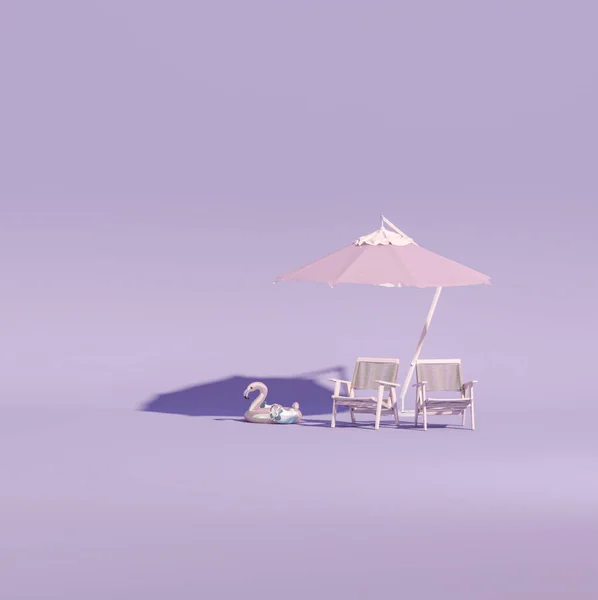 Beach umbrella with chairs and beach accessories, inflatable pink flamingo on purple background. Summer vacation travel concept. Trendy 3d render for social media banners, promotion. summer vibe