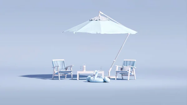 椅子やビーチアクセサリー パステルブルーの背景にインフレータブルフラミンゴとビーチ傘 夏休み旅行のコンセプト ソーシャルメディアバナー プロモーションのためのトレンディな3Dレンダリング 夏の雰囲気 — ストック写真