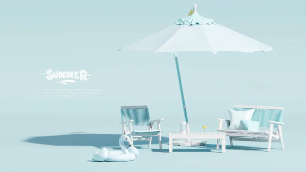 Beach umbrella with chairs and beach accessories, inflatable flamingo on pastel blue background. Summer vacation travel concept. Trendy 3d render for social media banners, promotion. summer vibe