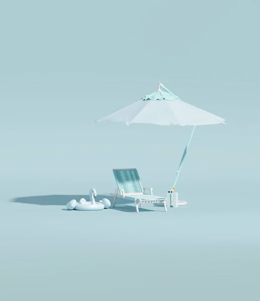 Beach umbrella with chairs and beach accessories, inflatable flamingo on pastel blue background. Summer vacation travel concept. Trendy 3d render for social media banners, promotion. summer vibe
