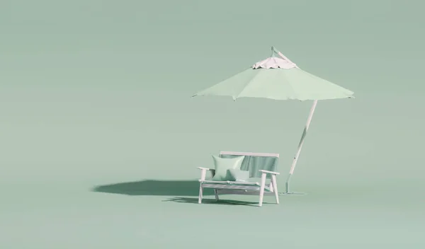Beach umbrella with chairs and beach accessories, inflatable  flamingo on pastel green background. Summer vacation travel concept. Trendy 3d render for social media banners, promotion. summer vibe