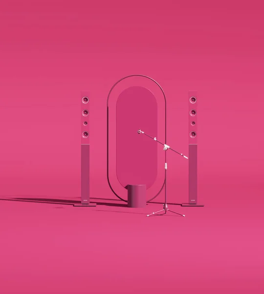 Concert stage with guitar, microphone and speakers on dark pink background in viva magenta colors. Minimalism concept. Music application Concept.3D render.