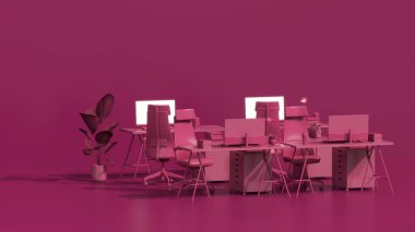 Viva moru, 2023 yılında ofiste görülen bir moda türüdür. Takım çalışması konsepti. Bilgisayarda çalışan bir çalışan. Masaların üzerinde masaüstleri var. Yaratıcı iç tasarım. 3d hazırlayıcı