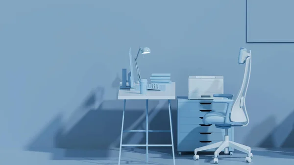 在办公室里 淡蓝色是流行的颜色 业务团队合作的概念 在电脑上工作的员工 桌子上有台式计算机 创新的室内设计 3D渲染 — 图库照片