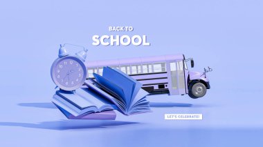 Okul otobüsleri, okul aksesuarları ve mavi ve mor arkaplan kitaplarıyla okula dönüyorum. 3 boyutlu tasvir, 3 boyutlu resim. Satış yatay afiş şablonu