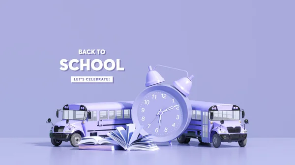Okul Otobüsleri Okul Aksesuarları Mavi Mor Arkaplan Kitaplarıyla Okula Dönüyorum — Stok fotoğraf