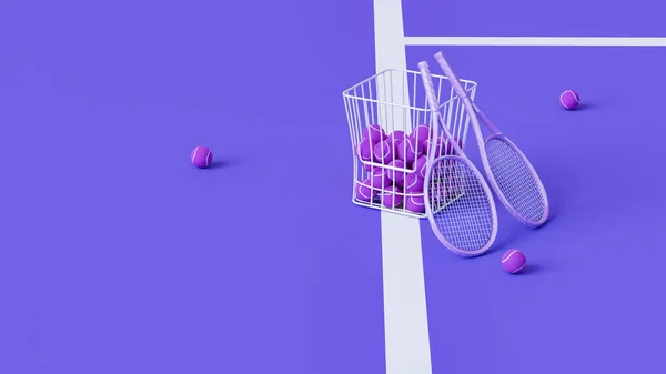 スポーツと健康的なコンセプトのための最小限の組成 パステルカラーの緑のテニスコートでテニスボールとラケット パデル テニス 広告のアイデア 創造的な構成 3Dレンダリング — ストック写真