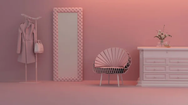 Kleider Hängen Auf Einem Regal Sessel Auf Rosa Hintergrund Pinkfarbener — Stockfoto