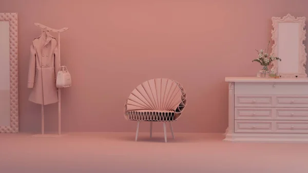 Kleider Hängen Auf Einem Regal Sessel Auf Rosa Hintergrund Pinkfarbener — Stockfoto