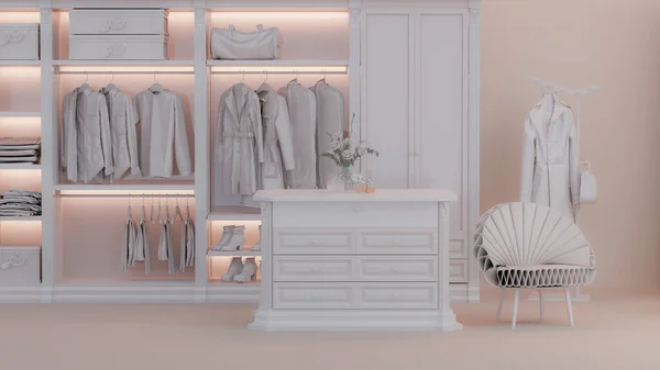 White walk in closet with wardrobe. Clothes on a hanger, luxury armchair storage shelf in pastel beige background. 3d rendering, concept for shopping store and bedroom, studio, life style