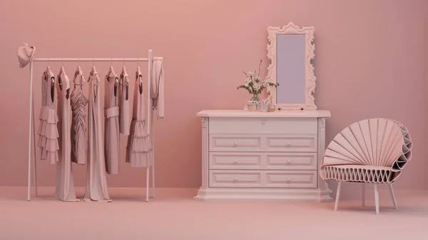 분홍색 배경에는 선반에는 안락의자가 옷장에 걷는다 창의적 공간의 페이지 프레젠테이션 — 스톡 사진