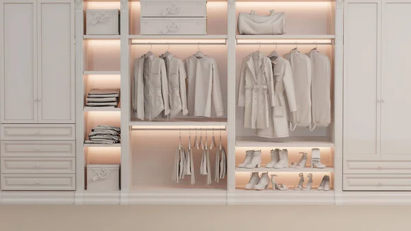 White walk in closet with wardrobe. Clothes on a hanger, luxury armchair storage shelf in pastel beige background. 3d rendering, concept for shopping store and bedroom, studio, life style