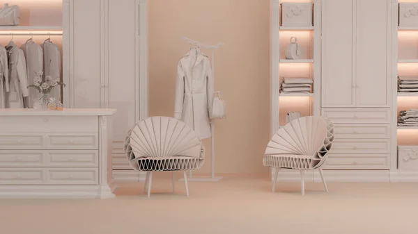 Witte Inloopkast Met Garderobe Kleding Een Hanger Luxe Fauteuil Opbergplank — Stockfoto