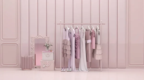Buntes Kleid Hängt Auf Einem Gestell Auf Rosa Hintergrund Kreative — Stockfoto