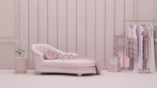 Luxus Sessel Auf Rosa Hintergrund Kleider Hängen Auf Einem Regal — Stockfoto