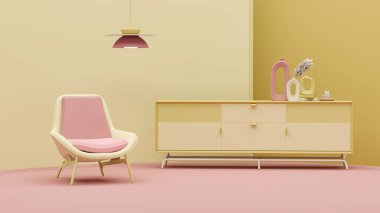 Creative interior design in yellow studio with lamp and armchair. Pastel pink color background. 3D rendering for web page, presentation or picture frame clipart