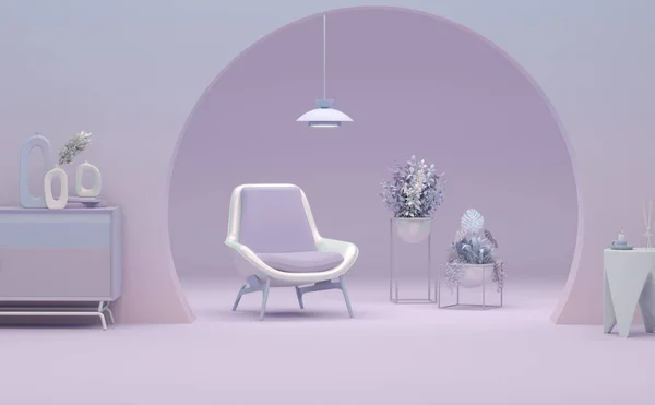 Kreatywny Wystrój Wnętrz Fioletowym Różowym Studio Lampą Doniczką Fotelem Pastelowy — Zdjęcie stockowe