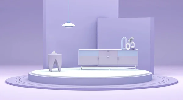 在紫色粉红工作室设计创意内饰灯具 花盆和扶手椅 浅紫色底色 演示或图片框的3D渲染 — 图库照片
