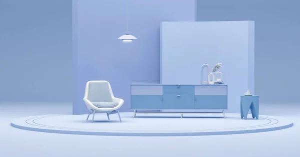 创意室内设计与餐具柜 花盆和扶手椅的淡蓝色工作室 浅紫色底色 演示或图片框的3D渲染 — 图库照片