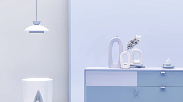 Kreatywny Wystrój Wnętrz Pastelowym Niebieskim Studio Kredensem Lampą Doniczką Fotelem — Zdjęcie stockowe