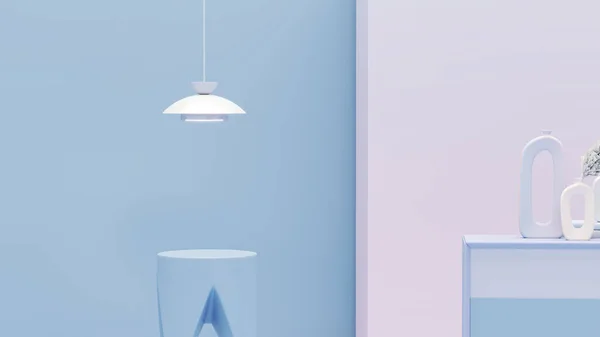 サイドボード ランプ 植物ポットとアームチェアとパステルブルーのスタジオで創造的なインテリアデザイン パステルパープルの背景 ウェブページ プレゼンテーション 画像フレームの3Dレンダリング — ストック写真