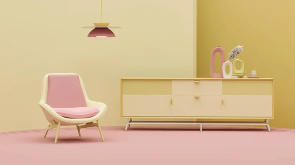 Δημιουργική Εσωτερική Διακόσμηση Κίτρινο Στούντιο Λάμπα Και Πολυθρόνα Pastel Ροζ — Φωτογραφία Αρχείου