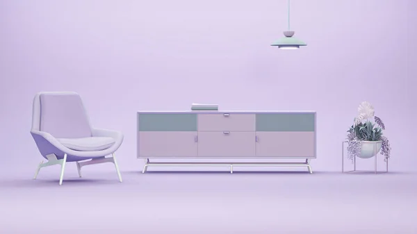 ランプ 植物鍋 アームチェア付きの紫色のピンクのスタジオで創造的なインテリアデザイン パステルパープルの背景 ウェブページ プレゼンテーション 画像フレームの3Dレンダリング — ストック写真