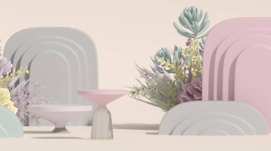 3 boyutlu podyum ve soyut geometrik çizimler, çocuklar ve bebek ürünleri için boş alan. Renkli pastel arka planı olan sulu ve kaktüsler.