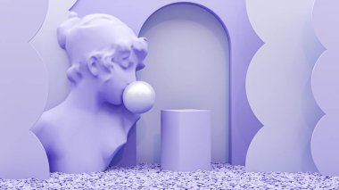 Mor podyum ve soyut arkaplan. Pastel bej, altın ve beyaz renkler sahnesi. Sosyal medya afişleri, tanıtım ve kozmetik ürünler için 3D moda. Geometrik şekiller iç kısımda.