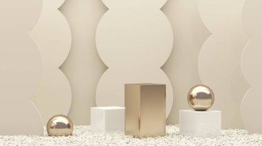 Altın kürsü ve soyut arka plan. Pastel bej, altın ve beyaz renkler sahnesi. Sosyal medya afişleri, tanıtım ve kozmetik ürünler için 3D moda. Geometrik şekiller iç kısımda.