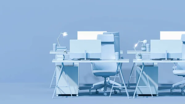 Niebieski Monochromatyczny Minimalny Stół Biurowy Koncepcja Biurka Nauki Miejsca Pracy — Zdjęcie stockowe