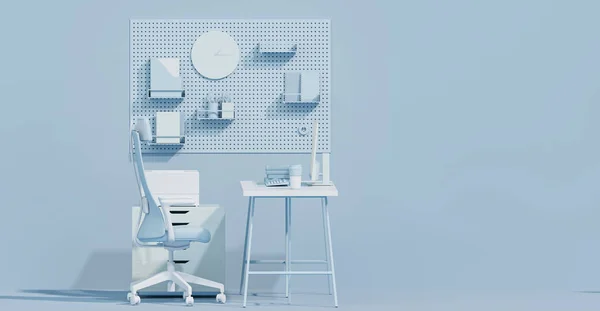 Mesa Oficina Mínima Monocromática Azul Concepto Para Escritorio Estudio Espacio —  Fotos de Stock