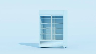 Pastel blue, 2023 yılında restoran mobilyalarının moda rengi. Pastel arka planlı otomat, 3D görüntüleme. Düz renkler, tek renk