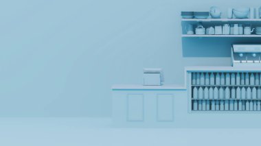 Pastel blue, 2023 yılında restoran mobilyalarının moda rengi. Pastel arka planlı otomat, 3D görüntüleme. Düz renkler, tek renk