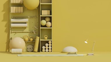 Spor malzemeleri, yoga minderi, kettlebell, dambıllar, pastel sarısı arka planda dizüstü bilgisayar. Spor salonunda kaldırma, spor salonunda spor salonu için son moda 3D tasarım..