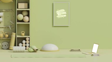 Spor malzemeleri, yoga minderi, kettlebell, dambıl, saksı, pastel yeşil arka planda dizüstü bilgisayar. Spor salonunda kaldırma, spor salonunda spor salonu için son moda 3D tasarım..