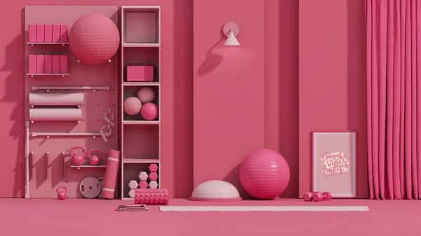 Sport Fitness Equipment Yoga Mat Kettlebell Dumbbells Pink Background Trendy — Stock Photo, Image