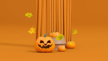 Kabaklar ve sonbahar yaprakları turuncu arkaplandaki ahşap rattan dökülüyor..