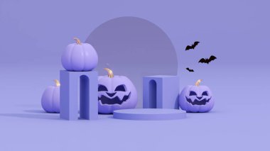 Mor arka planda mutlu Cadılar Bayramı. Çizgi film tarzında gerçekçi 3D tasarım, sahne podyumu, alışveriş çantası, satış için yuvarlak stüdyo. Geometrik şekilli gülümseyen balkabağı karakteri. 3d hazırlayıcı