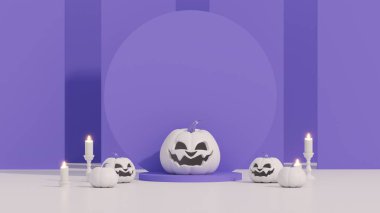 Mor arka planda mutlu Cadılar Bayramı. Çizgi film tarzında gerçekçi 3D tasarım, sahne podyumu, alışveriş çantası, satış için yuvarlak stüdyo. Geometrik şekilli gülümseyen balkabağı karakteri. 3d hazırlayıcı