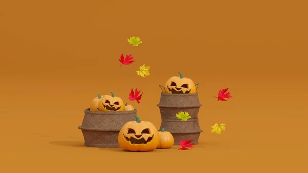 南瓜和秋天的叶子从木制藤篮上掉下来 呈橙色 黄色背景 3D渲染 — 图库照片