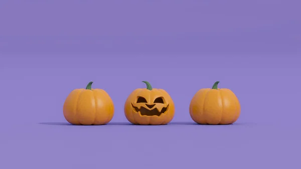 Calabaza Naranja Sobre Fondo Color Púrpura Pastel Feliz Halloween Concepto —  Fotos de Stock